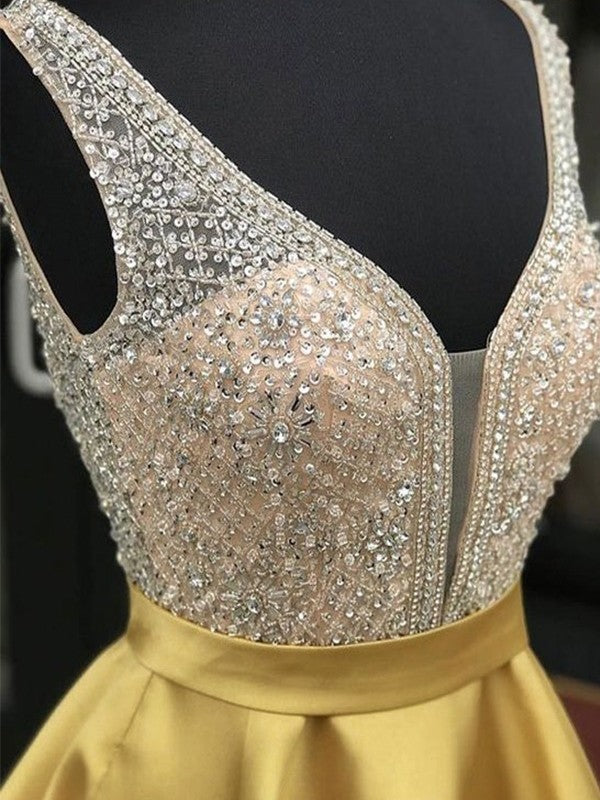 Vestidos de fiesta cortos/mini sin mangas con escote en V, de satén y cuentas en forma de A